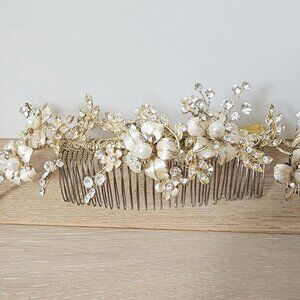 Gold Flower Woodland Pearl Wedding Tiara Hand Made Bridal Hair Piece Tessa Kim